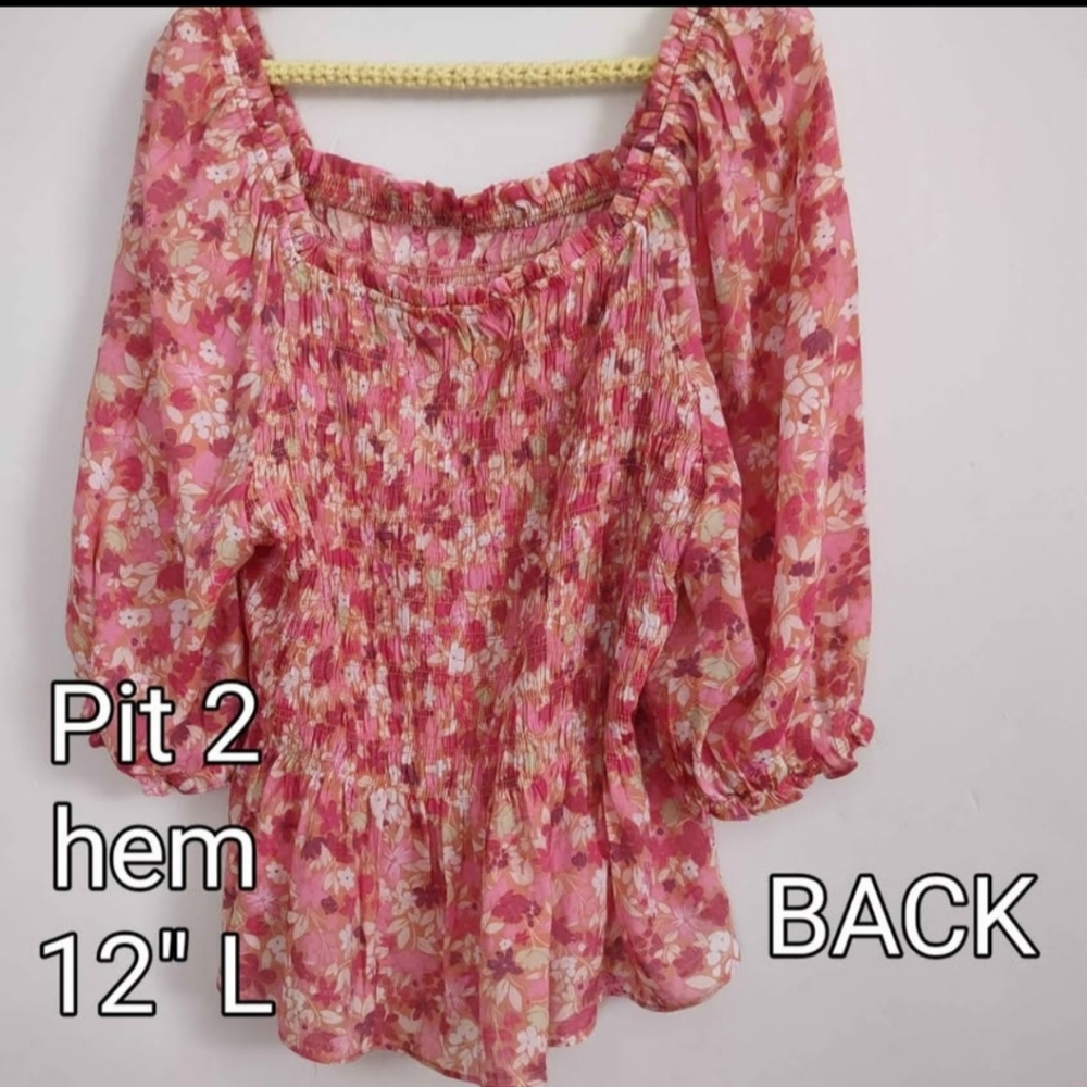 Pink Floral Smocked Top Elastic Waist - Picture 4 of 10